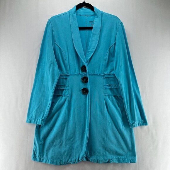 Neon Buddha Jacket Women Sz M Shawl Collar 3-Button Blazer Ruffled Hem Turquoise - Picture 1 of 11